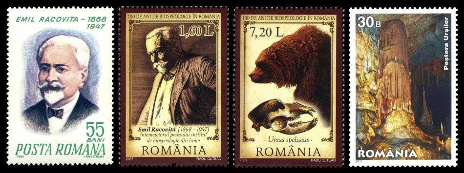 Emil Racovita, cave bear and Ursilor Cave on stamps of Romania