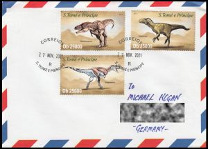 Regular letter from Sao Tome and Principe, with dinosaur stamps from 2013, sent to Germany