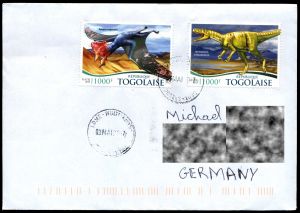 Regular letter from Togo, with stamps of prehistoric animals from 2015, sent to Germany