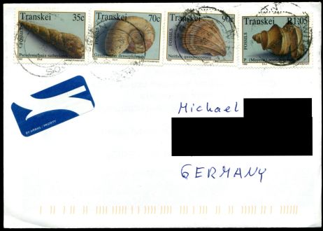 Letter with fossil stamps Transkei  from 1992 sent from South Africa to Germany in 2015
