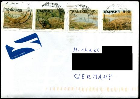 Letter with fossil stamps Transkei  from 1993 sent from South Africa to Germany in 2015