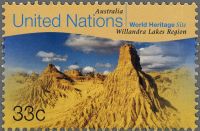 Australian Willandra lakes, fossil found place, on stamps of United Nations 1999
