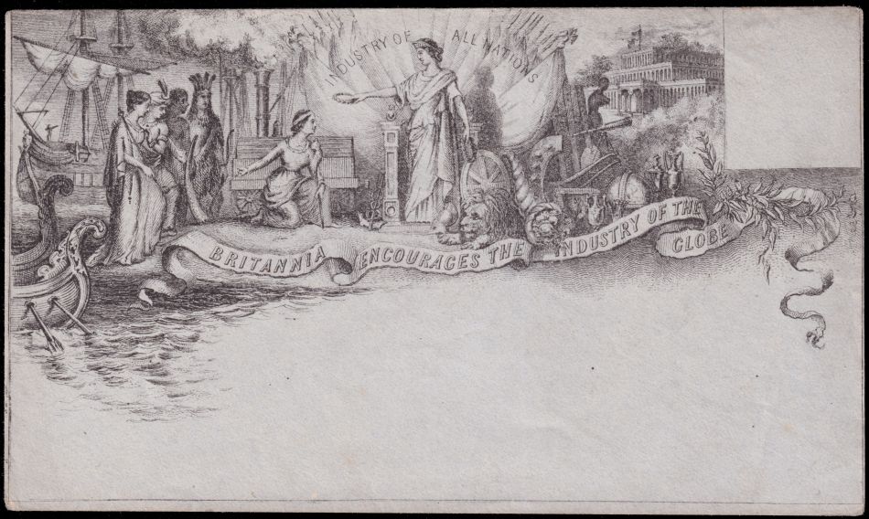 An illustrated envelope, engraved and published in 1850 by J. Valentine of Dundee for the Great Exhibition of the Works of Industry of All Nations in 1851