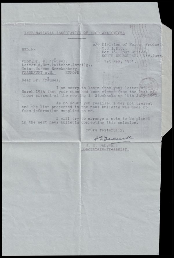 Letter from Herbert Eric Dadswell to Professor R. Kraeusel mailed in May 1951 Letter from Herbert Eric Dadswell to Professor R. Kraeusel mailed in May 1951