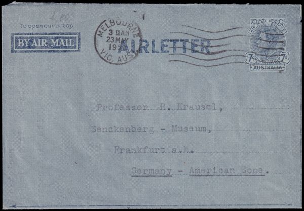 Front side of the letter from Curt Teichert to Professor R. Krausel mailed in 1951