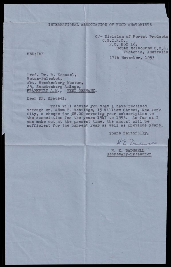 Letter from Herbert Eric Dadswell to Professor R. Kraeusel mailed in November 1953 Letter from Herbert Eric Dadswell to Professor R. Kraeusel mailed in November 1953
