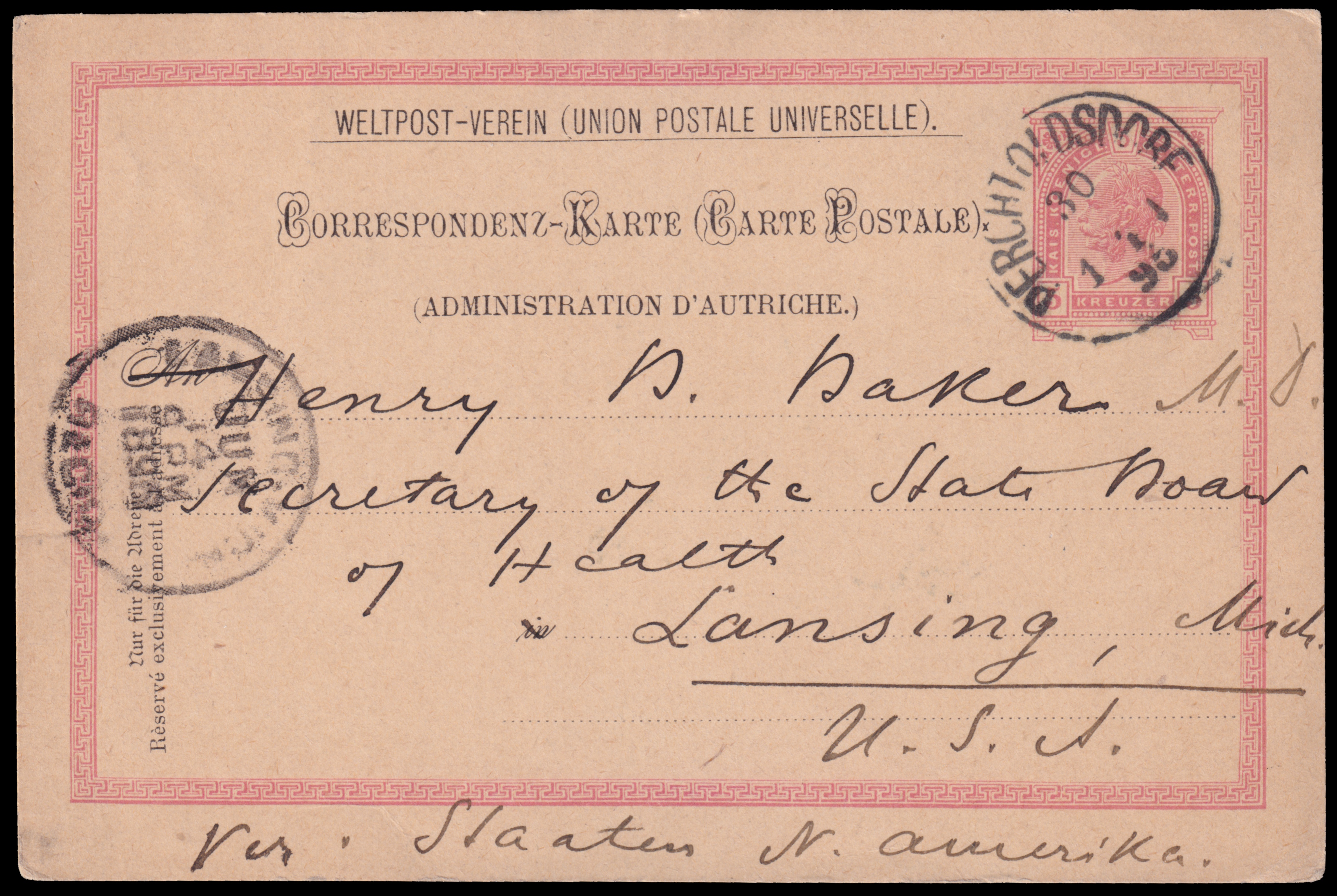 Austrian postcard for international correspondence, mailed in 1896 Austrian postcard for international correspondence, mailed in 1896