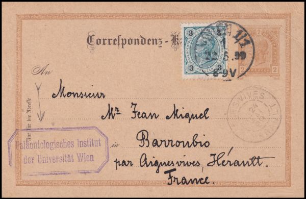 Postcard from the Paleontological Institute of Vienna University to Jean Miquel mailed in 1899 Postcard from the Paleontological Institute of Vienna University to Jean Miquel mailed in 1899