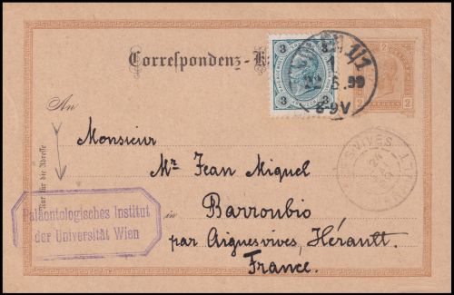 Front side of the postcard from the Paleontological Institute of Vienna University posted in 1899