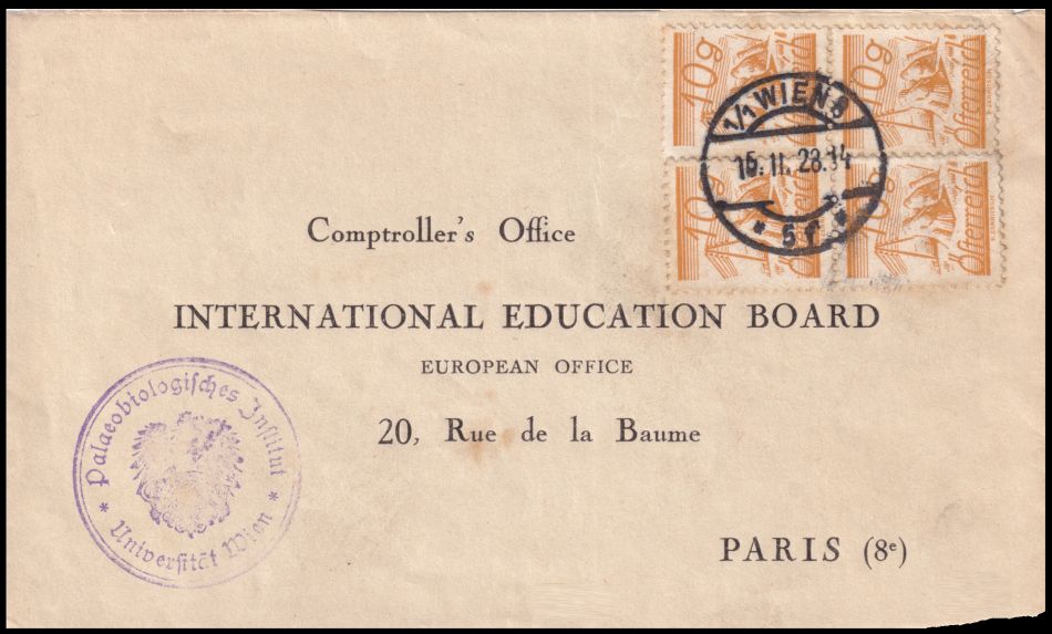 Front side of the letter from the Paleobiological Institute of Vienna University posted in 1928