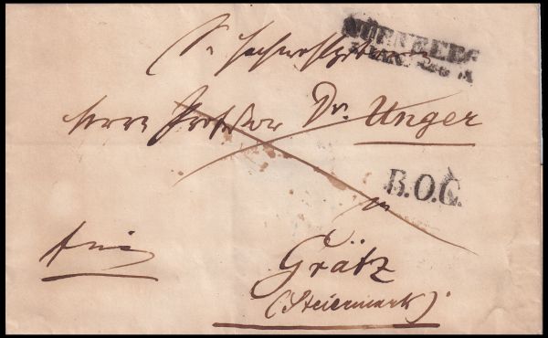 Front side of the letter mailed from Nuremberg, Germany to Professor Dr. Unger in Graz, Styria, Austria