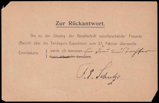 Answer card of Zoological Museum of Berlin from 1912 - Professor Franz Eilhard Schulze