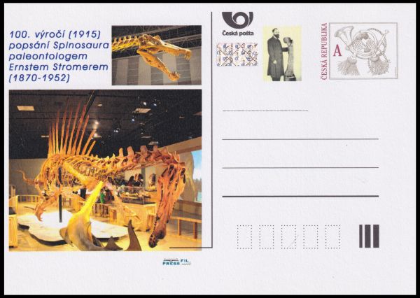Spinosaur and Professor Ernst Stromer on personalized postal stationery of Czechia 2015 Spinosaur and Professor Ernst Stromer on personalized postal stationery of Czechia 2015