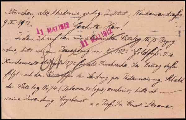 Postcard mailed by Professor Ernst Stromer in 1912 - the message side Postcard mailed by Professor Ernst Stromer in 1912 - the message side
