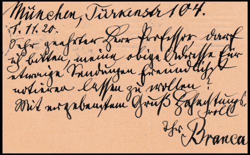 Postcard Message Side - Handwritten Text Handwritten German message side of Wilhelm von Branca's 1920 postcard