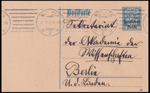 Postcard Front Side - Addressed to Berlin Front address side of the 1920 postcard sent by Wilhelm von Branca to the Prussian Academy of Sciences