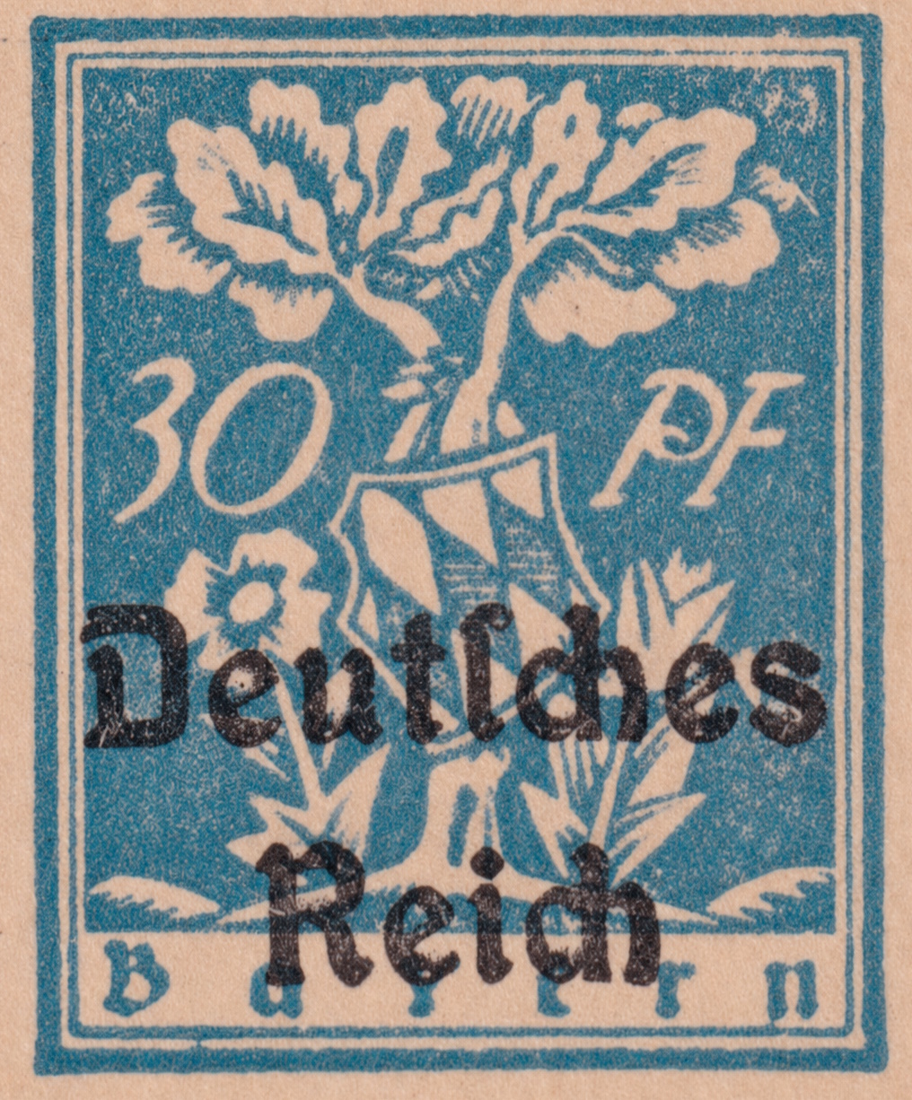 Bavarian 30 Pfennig Stamp Overprint Close-up of the 30 Pfennig Bavarian definitive stamp overprinted with Deutsches Reich on the postcard