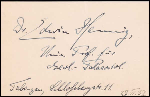 A handwritten visitcard of Dr. Edwin Henning, signed in 1932