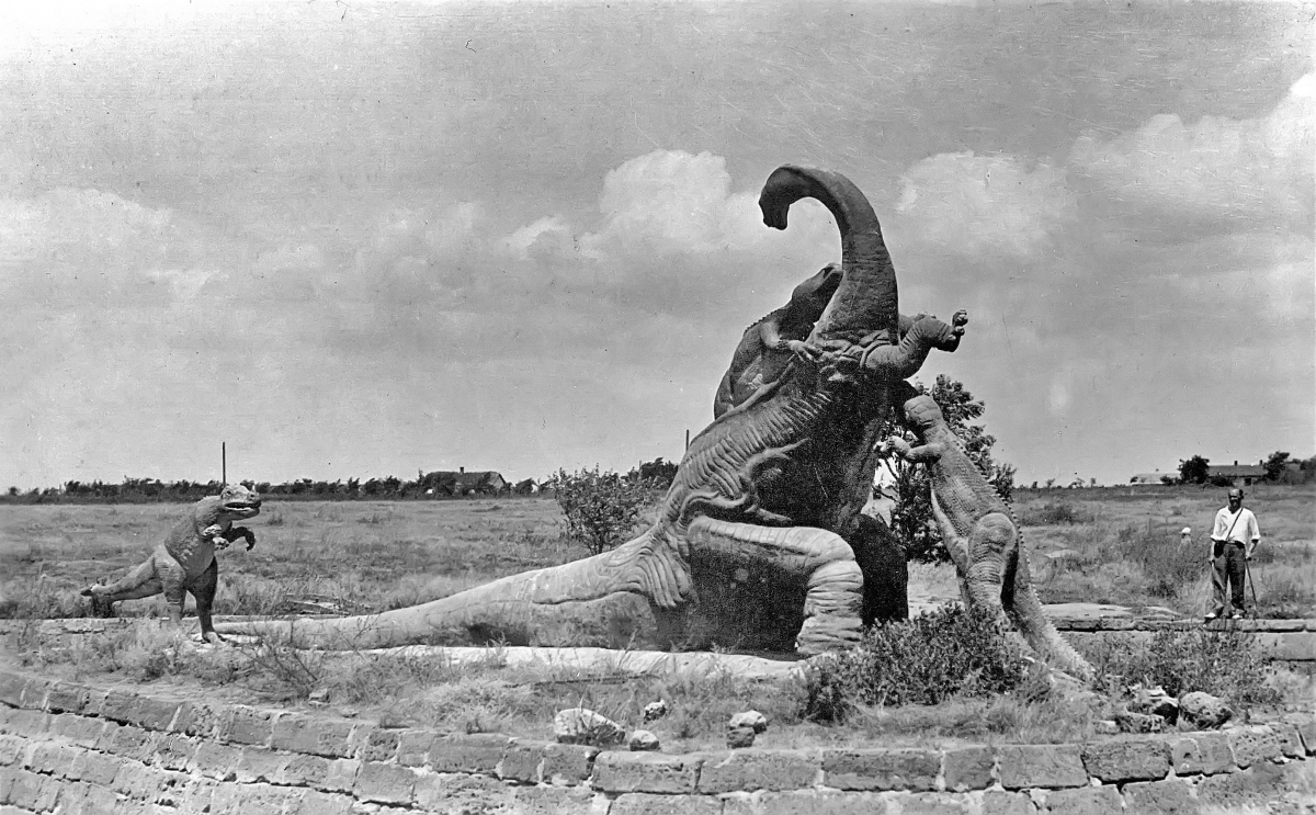 The sculpture of fighting Brontosaurus with Ceratosaurus, in Saki town in Crimea peninsula, 1941