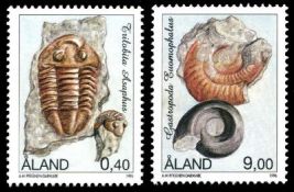 Trilobites and Gastropods from the Ordovician period on stamps of Aland 1996