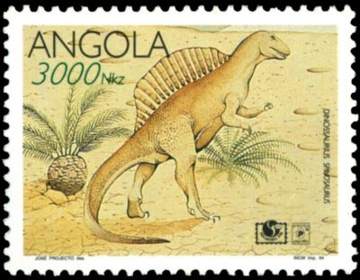 Spinosaurus on stamp of Angola 1994, based on Stromer's reconstruction Spinosaurus on stamp of Angola 1994, based on Stromer's reconstruction