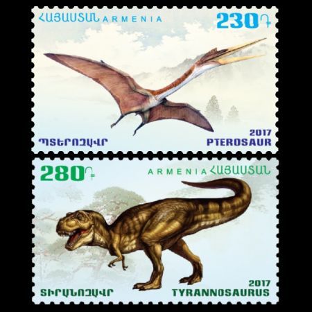 Pterosaurs and Tyrannosaurus on Flora and fauna of the ancient world stamps of Armenia 2017