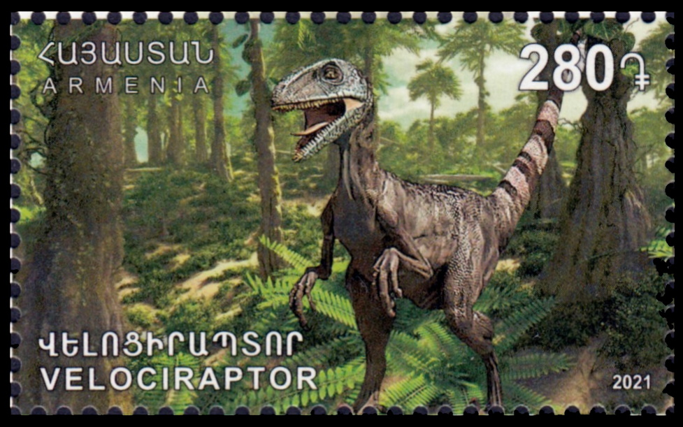 Velociraptor dinosaur on stamp of Armenia 2021