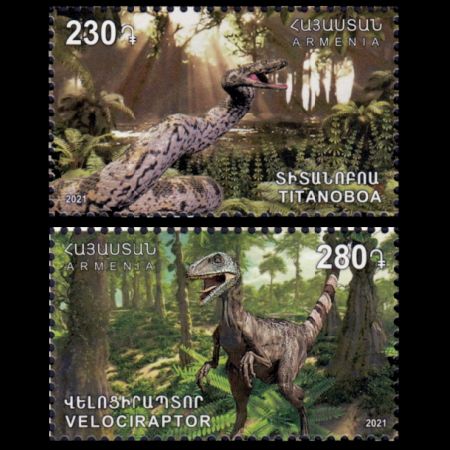 Prehistoric snake Titanoboa and Velociraptor dinosaur on stamps of Armenia 2021