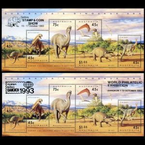 Dinosaurs on mini sheet of Australia 1993