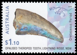 Opalized theropod tooth on stamp of Australia 2020