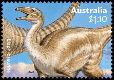 Elaphrosaurine dinosaur on stamp of Australia 2022