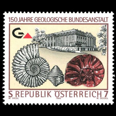 Ammonite and Gastropod on stamp of Austria 1999, 150th Anniversary of the Federal Geological Institute
