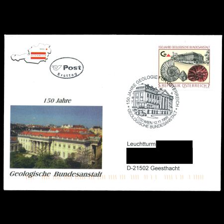 Ammonite and Gastropod on FDC of Austria 1999, 150th Anniversary of the Federal Geological Institute