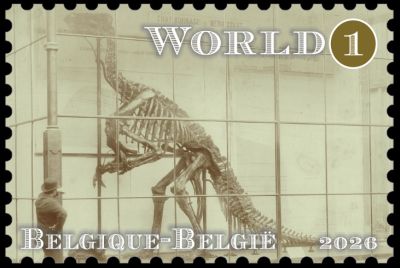 Iguanodon dinosaur on one of the stamps of Belgium 2026
