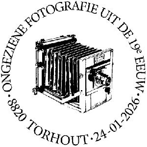 Photo camera on commemorative postmark of Belgium 2026