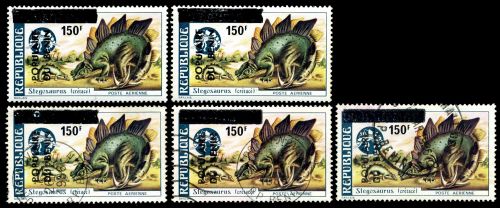 Overprinted stamp of Stegosaurus from prehistoric stamps set of Dahomey 1974