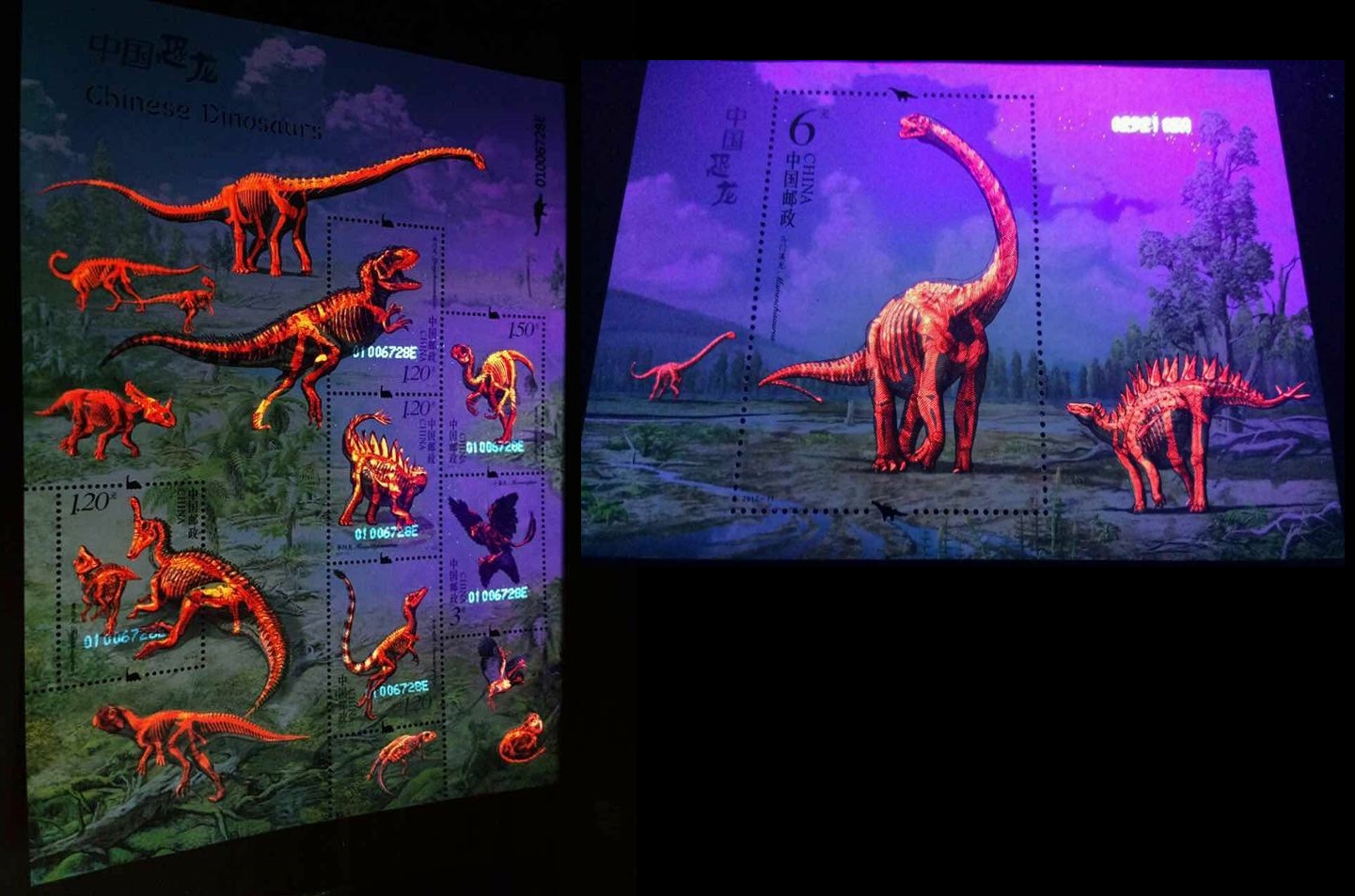 Skeletons of the dinosaurs under UV light on stamps of China 2017