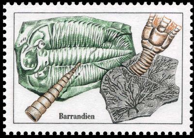 Fossilized sea lilie on a cachet attached to stamp of Joachim Barrane, Czech Republic 1999