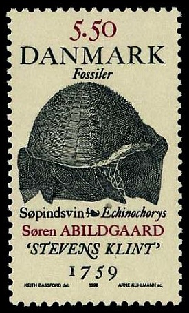 Fossil sea urchin on stamp of Denmark 1998