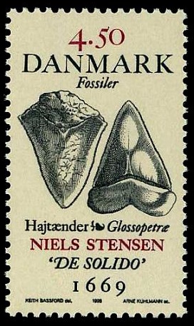 Fossil shark teeth on stamp of Denmark 1998