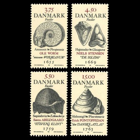 Drawings of fossil animals from old books on stamps of Denmark 1998