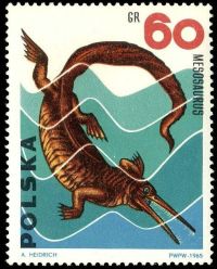 Reconstruction of Mosasaur on stamp of Poland 1965