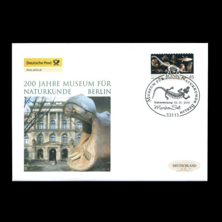 Brachiosaurus brancai dinosaur on Bicentenary of Museum fuer Naturkunde in Berlin on FDC with self adhesive stamps of Germany 2010