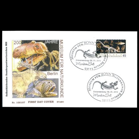 Brachiosaurus brancai dinosaur on Bicentenary of Museum fuer Naturkunde in Berlin on FDC with self adhesive stamps of Germany 2010
