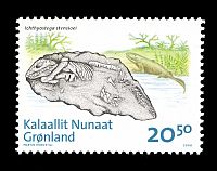 Fossil of Ichthyostega stensioei on stamp of Greenland 2008