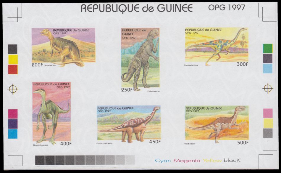 Proof of dinosaur stamps of Guinea