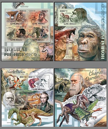 Dinosaurs, Charles Darwin; Prehistoric Humans on stamps of Guinea Bissau 2012
