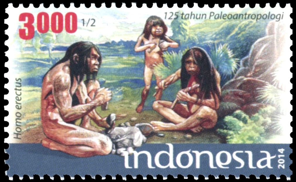 Homo erectus family on stamp of Indonesia