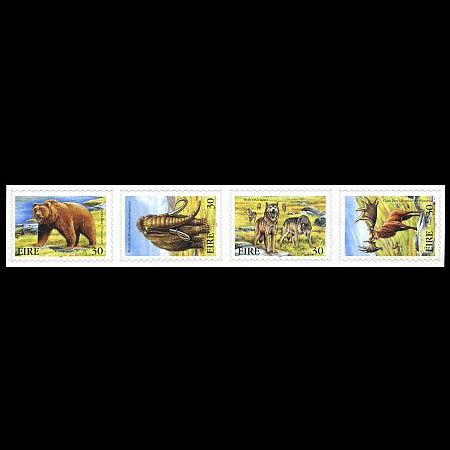 Mammoth and giant deer among extinct irish animals on self adhesive stamps of Ireland 1999