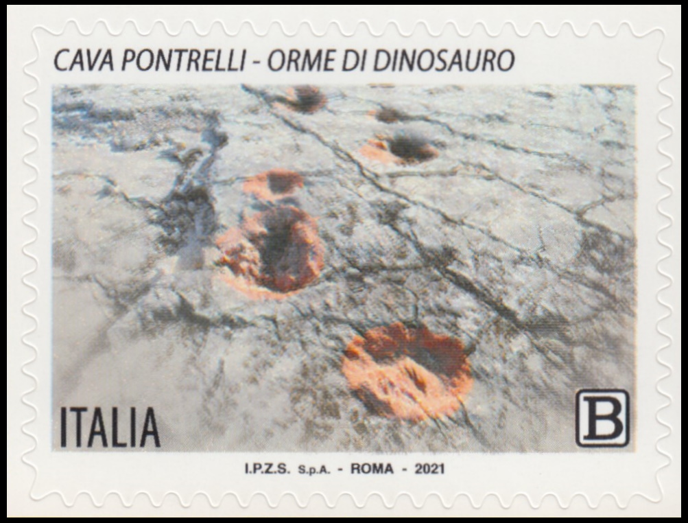 Dinosaurs footprints on stamp of Italy